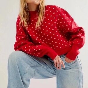 NWT Women L Free People Easy Street Red White Print Cropped Pullover Sweater